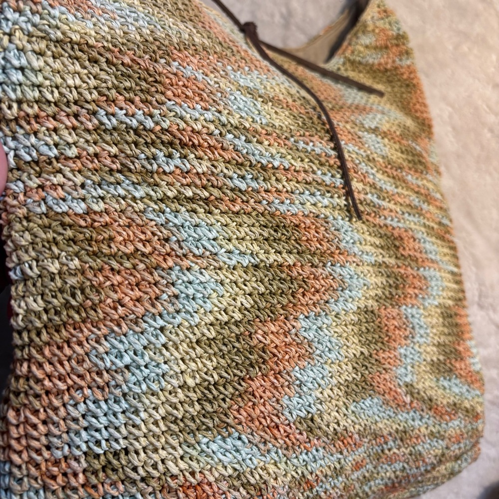 Express Knit Boho Bag Cream Orange Green Yellow Hobo Shoulder Bag Brown Straps - Picture 5 of 16